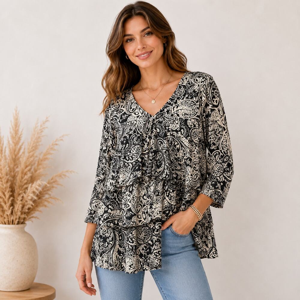 Susan Graver Liquid Knit Blouse Women's Size L Black Beige Paisley Boho Office